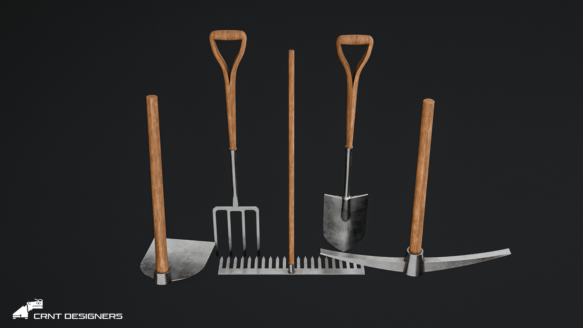 Farming Tools Pack - Fork Shovel Rake Pickaxe Hoe Low-poly 3D model_5