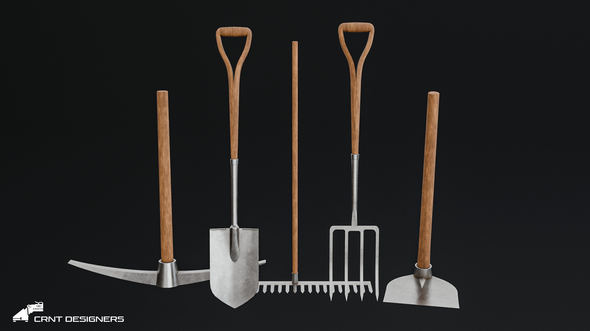 Farming Tools Pack - Fork Shovel Rake Pickaxe Hoe Low-poly 3D model_1