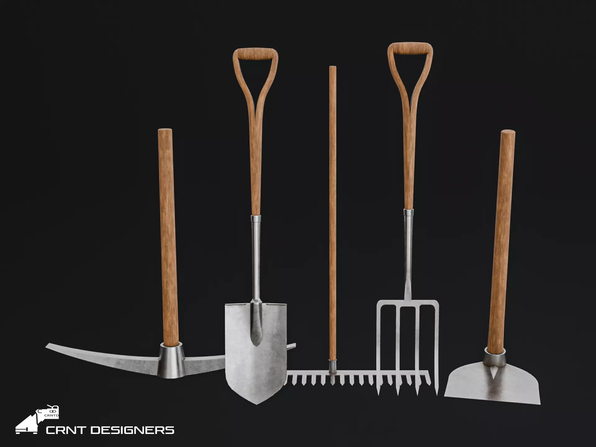 Farming Tools Pack - Fork Shovel Rake Pickaxe Hoe Low-poly 3D model_0