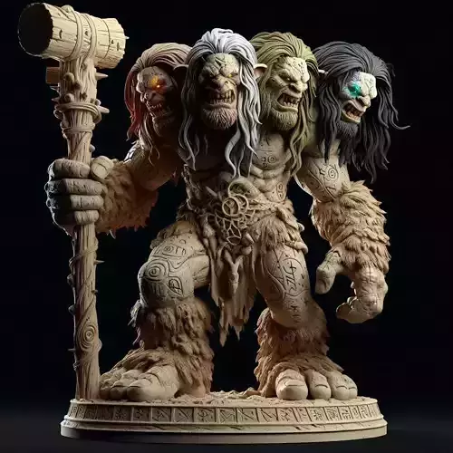 675 Four Headed Troll  3D Printed  Statue with Club