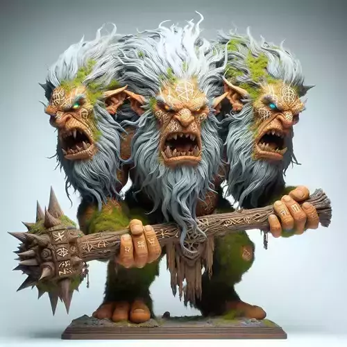 676 Three Headed  Troll   3D Printed Statue with Club