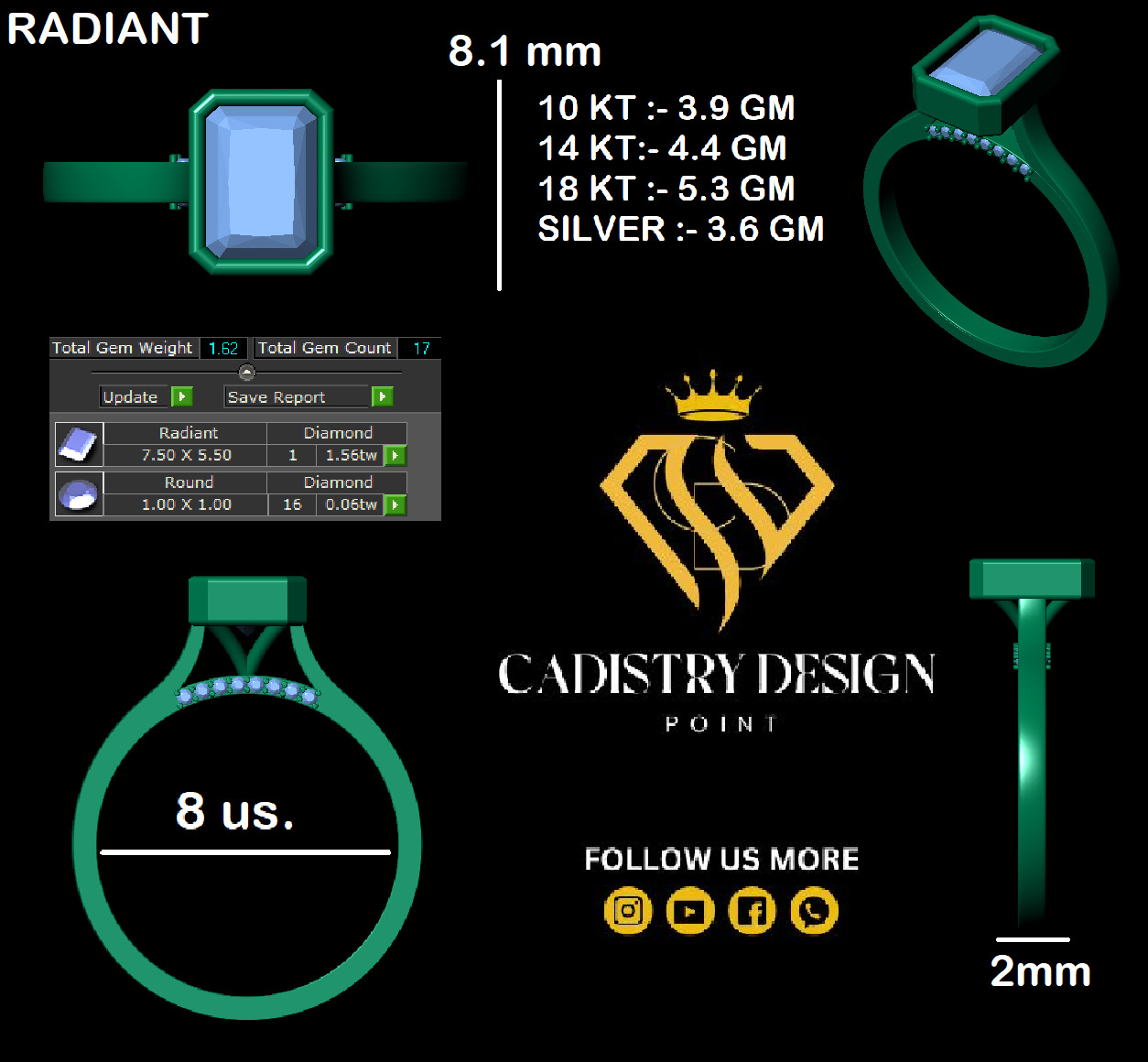 Radiant Diamond Bezel Setting Solitaire Diamond Ring 3D print model_12