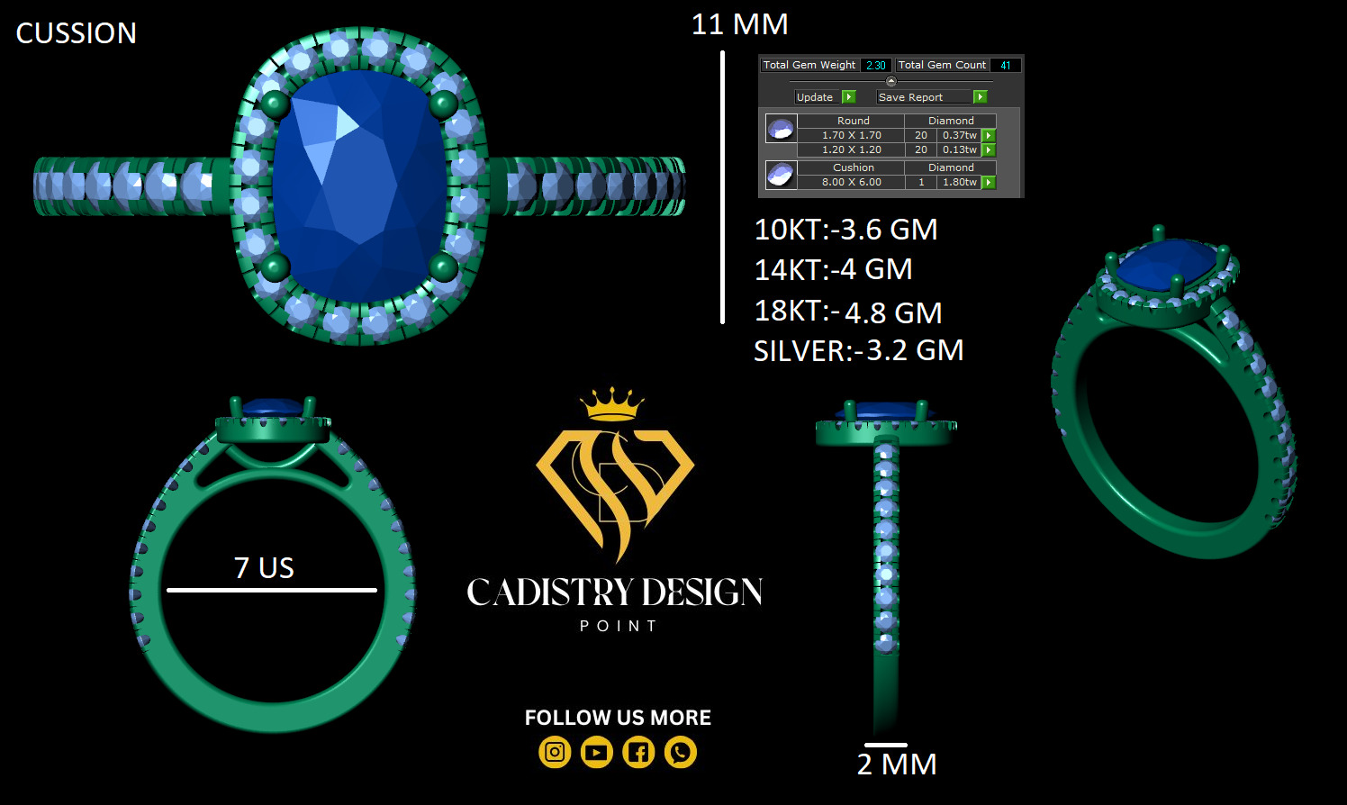 Cushion Cut Diamond Ring 3D print model_12