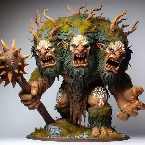 678 Three Headed Troll  3D Printed  Statue with Club