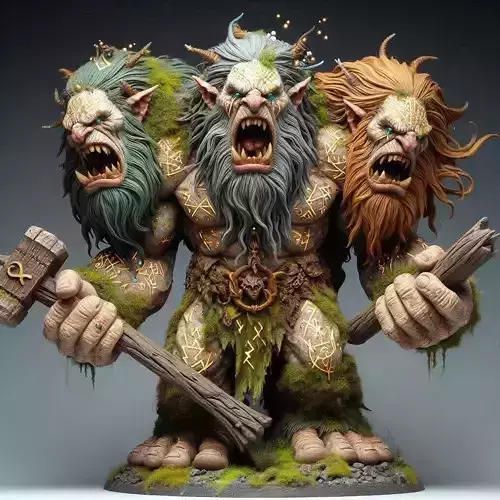 680 Three Headed Troll  3D Printed  Statue with Club