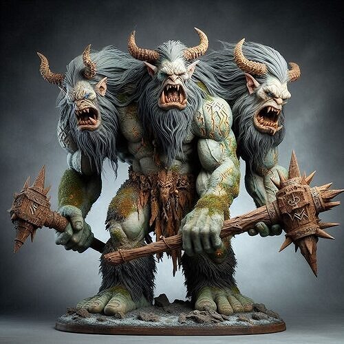 681 Three Headed Troll  3D Printed  Statue with Club 3D print model