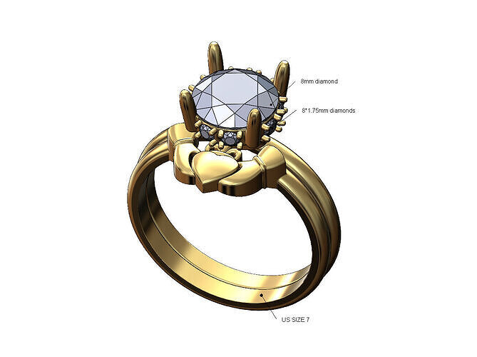 Claddagh heart guard 8mm diamond hidden solitaire ring US size 7 3D print model