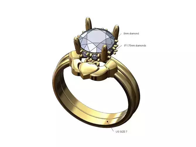 Claddagh heart guard 8mm diamond hidden solitaire ring US size 7