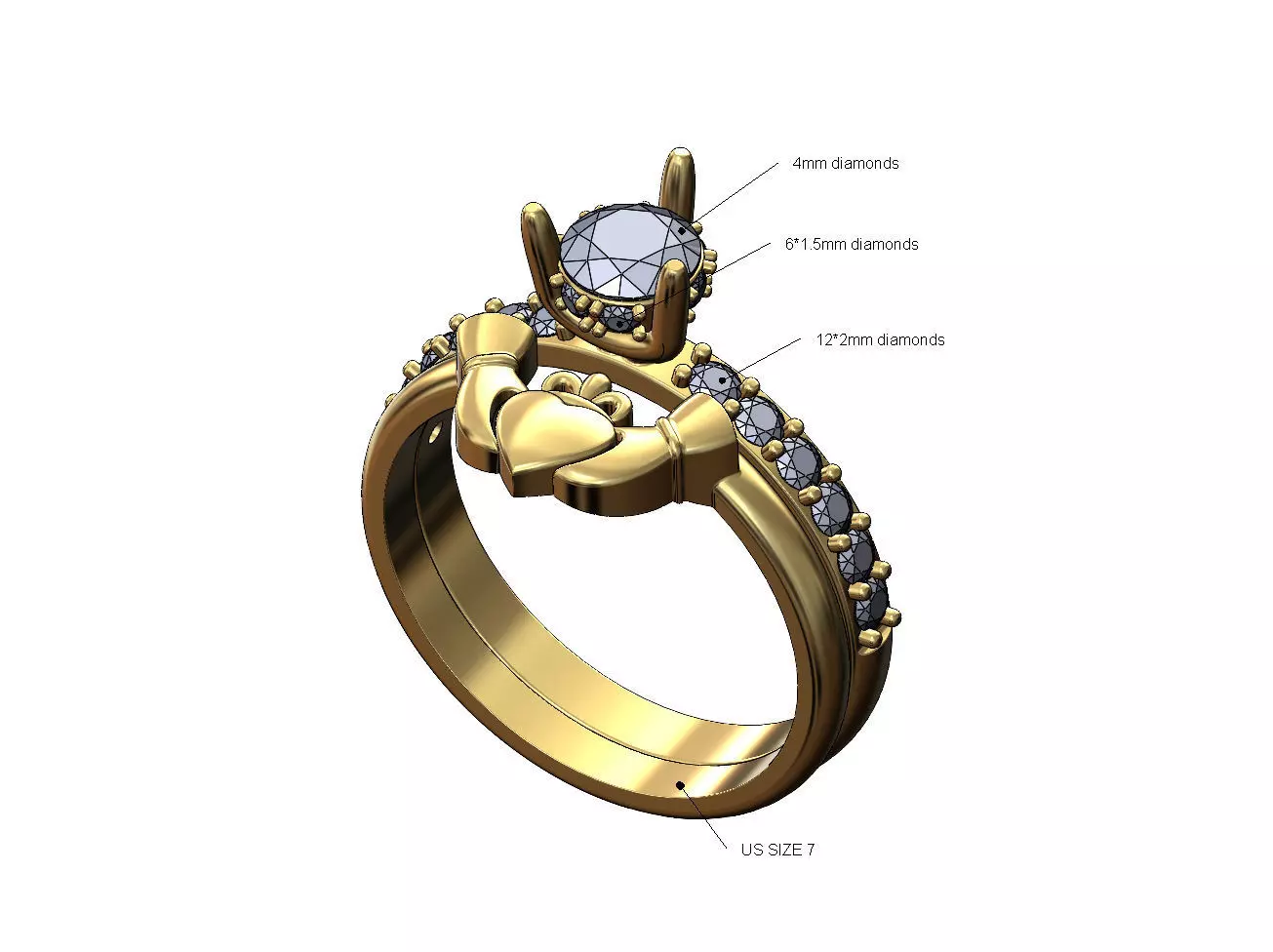Claddagh heart guard 5mm diamond setting iced ring US size 7 3D print model