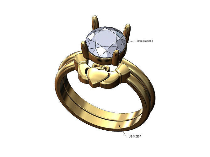 Claddagh heart guard ring 8mm stone solitaire ring US size 7 3D print model
