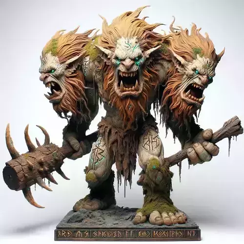 684 Three Headed Troll  3D Printed  Statue with Club