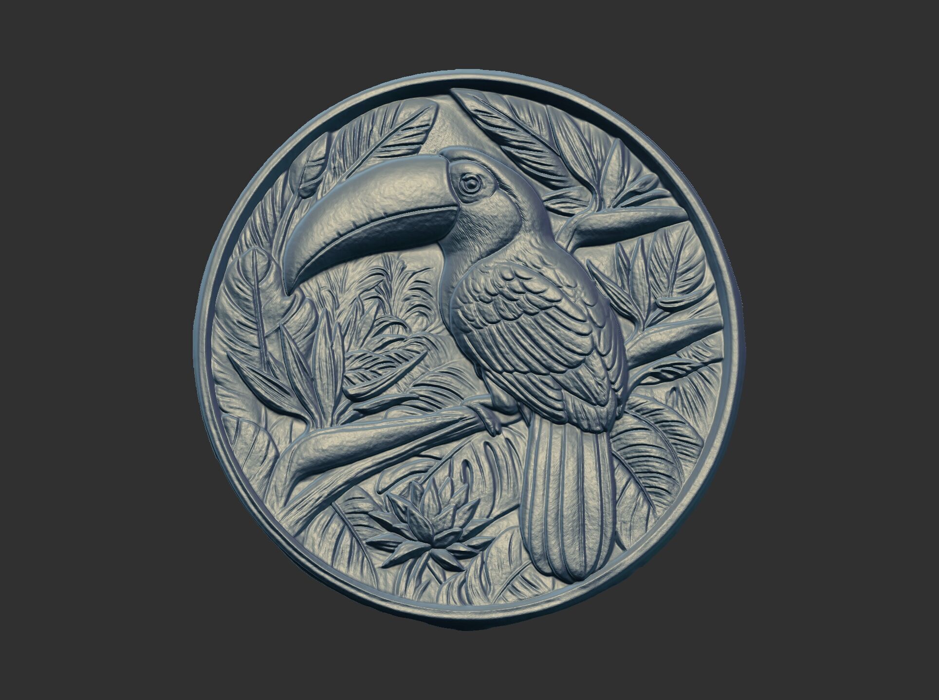 relief carving of a toucan cnc model round frame 3D print model_12
