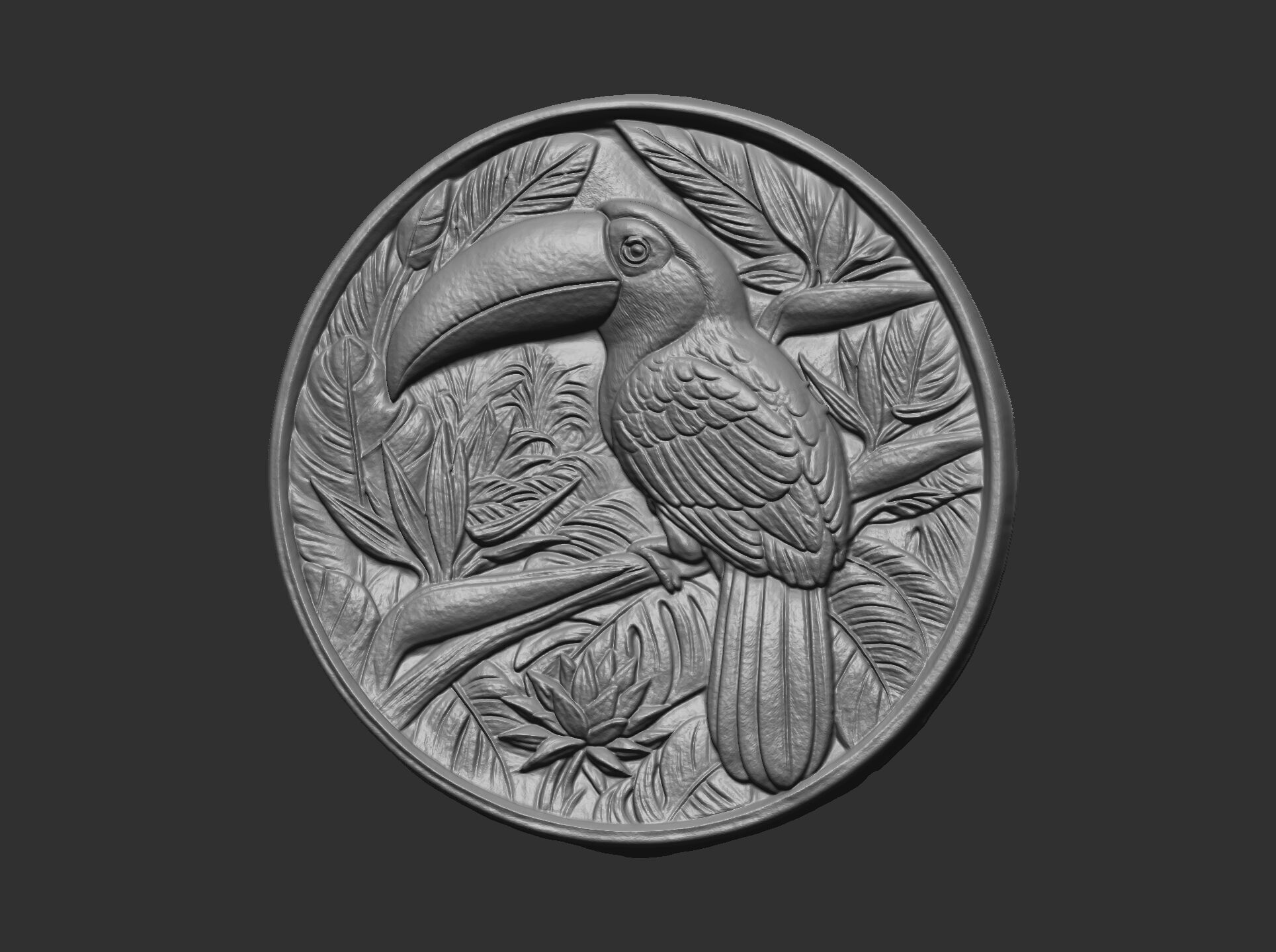 relief carving of a toucan cnc model round frame 3D print model_20