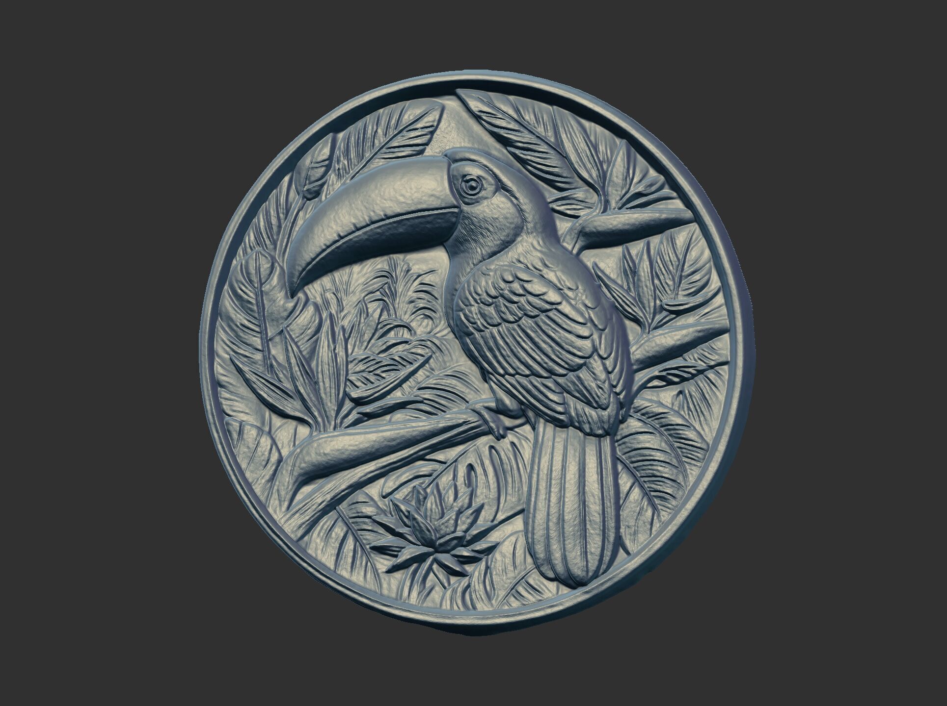 relief carving of a toucan cnc model round frame 3D print model_10