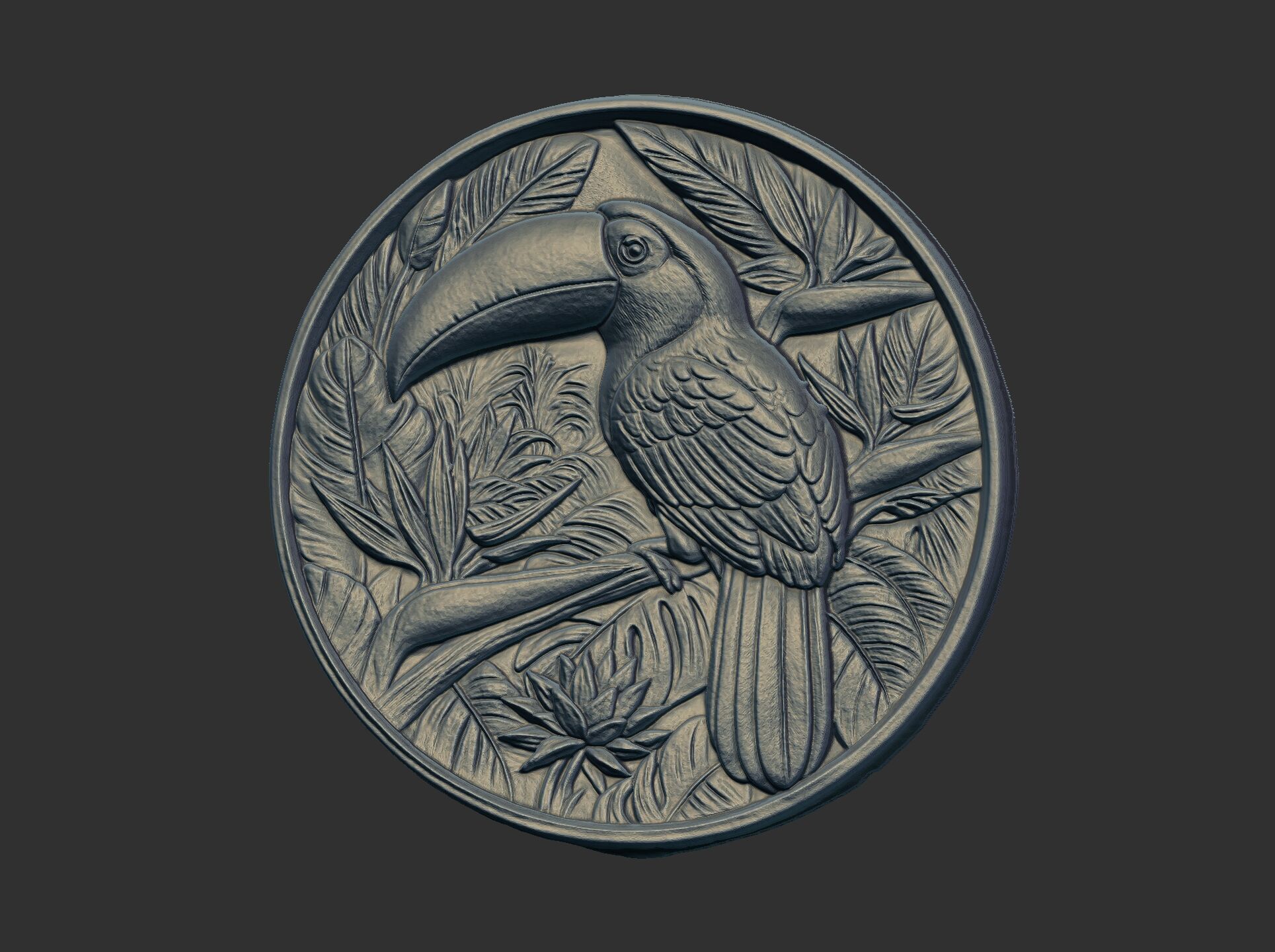 relief carving of a toucan cnc model round frame 3D print model_1