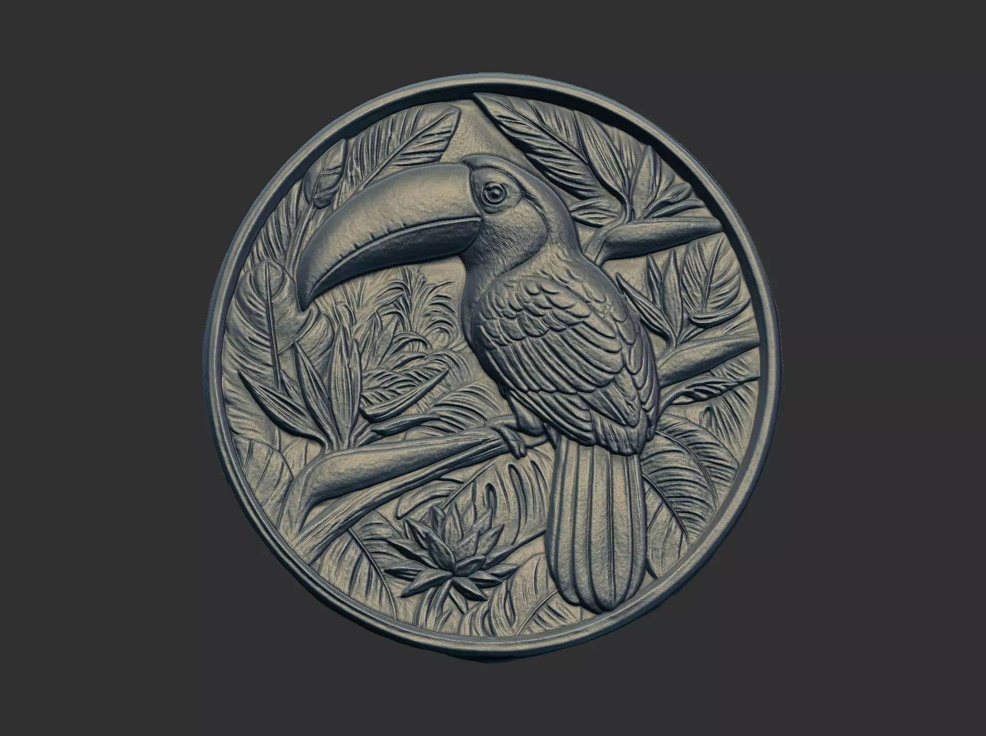 relief carving of a toucan cnc model round frame 3D print model_0