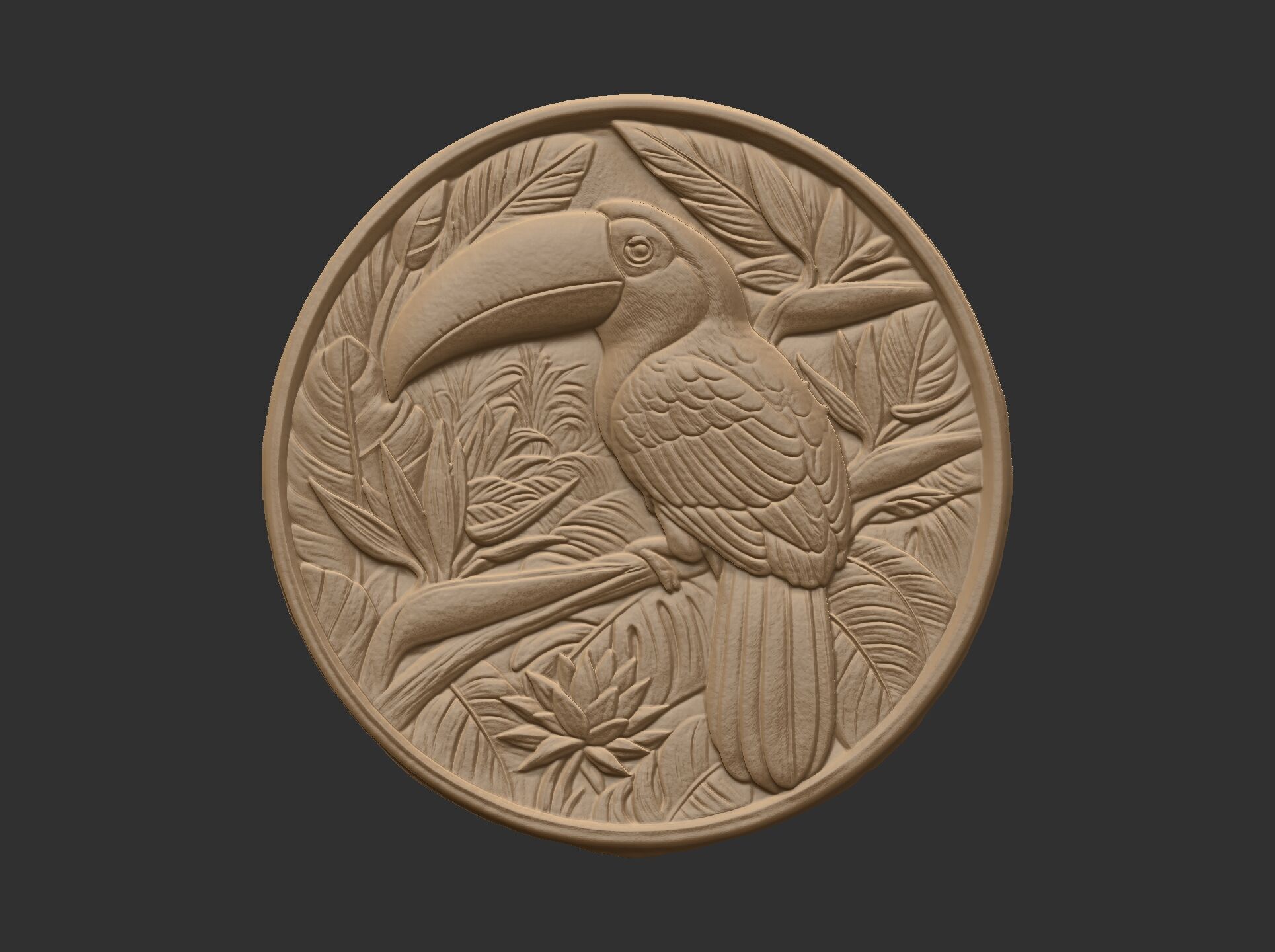 relief carving of a toucan cnc model round frame 3D print model_5