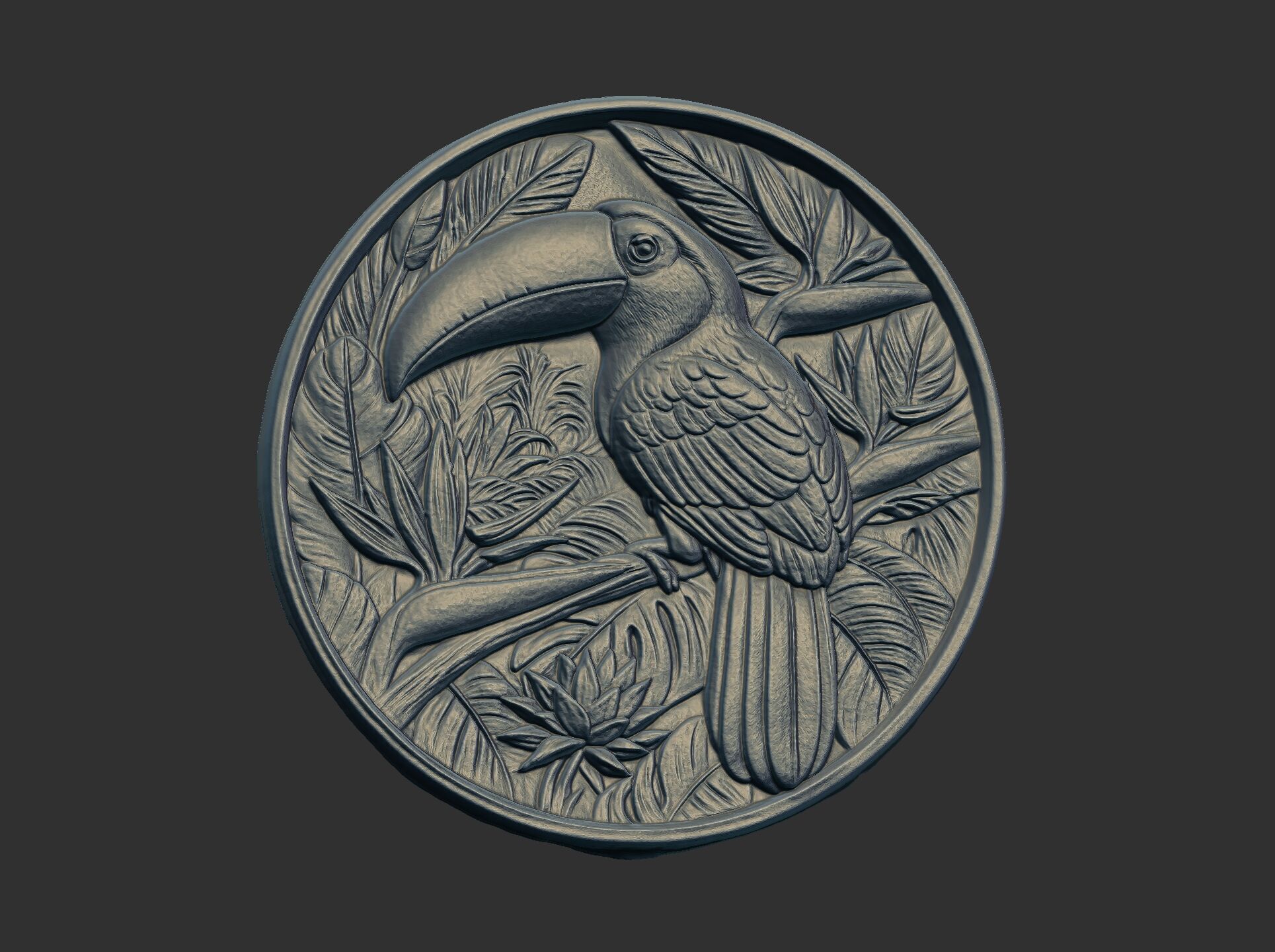 relief carving of a toucan cnc model round frame 3D print model_2