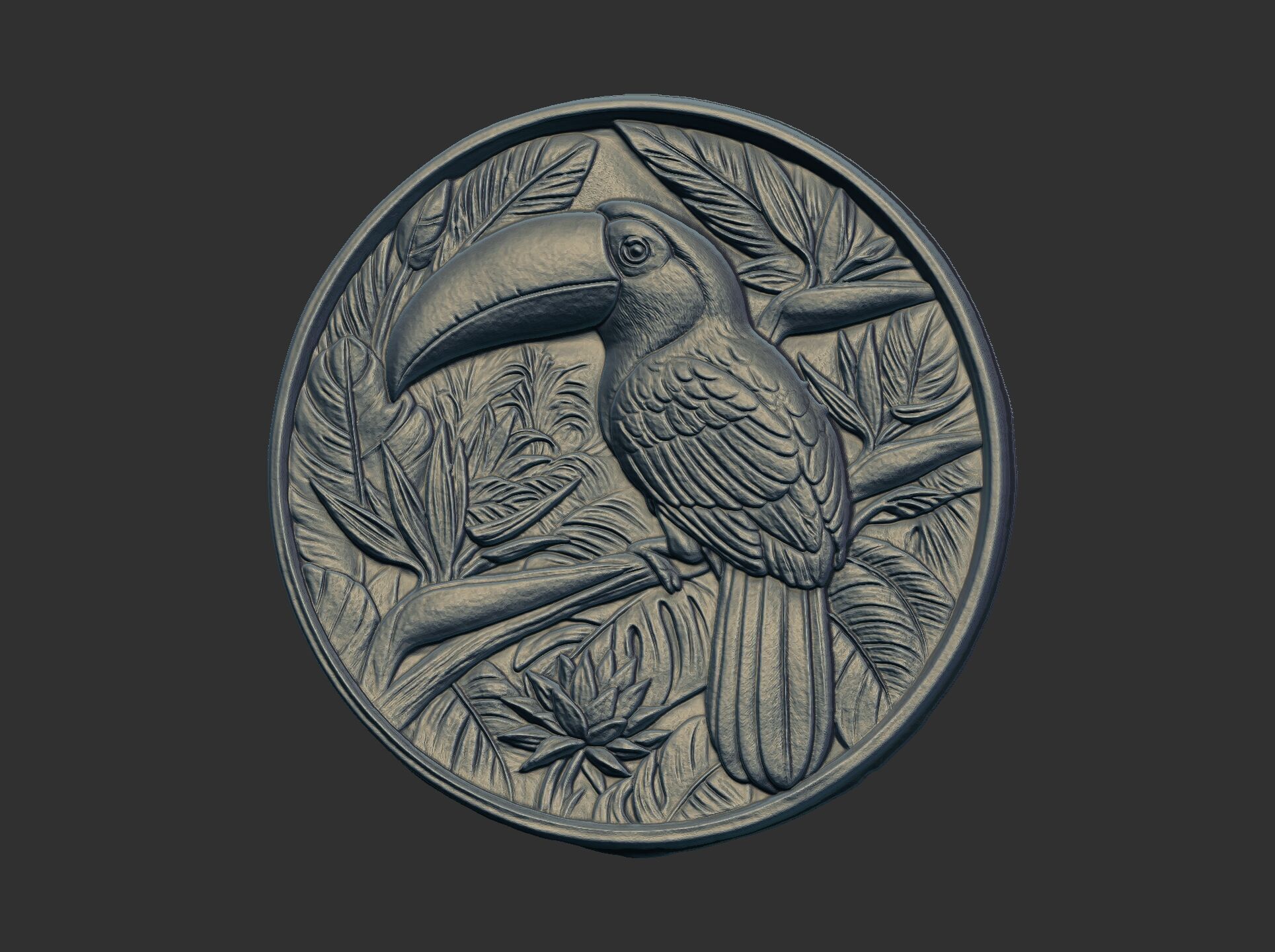 relief carving of a toucan cnc model round frame 3D print model_6