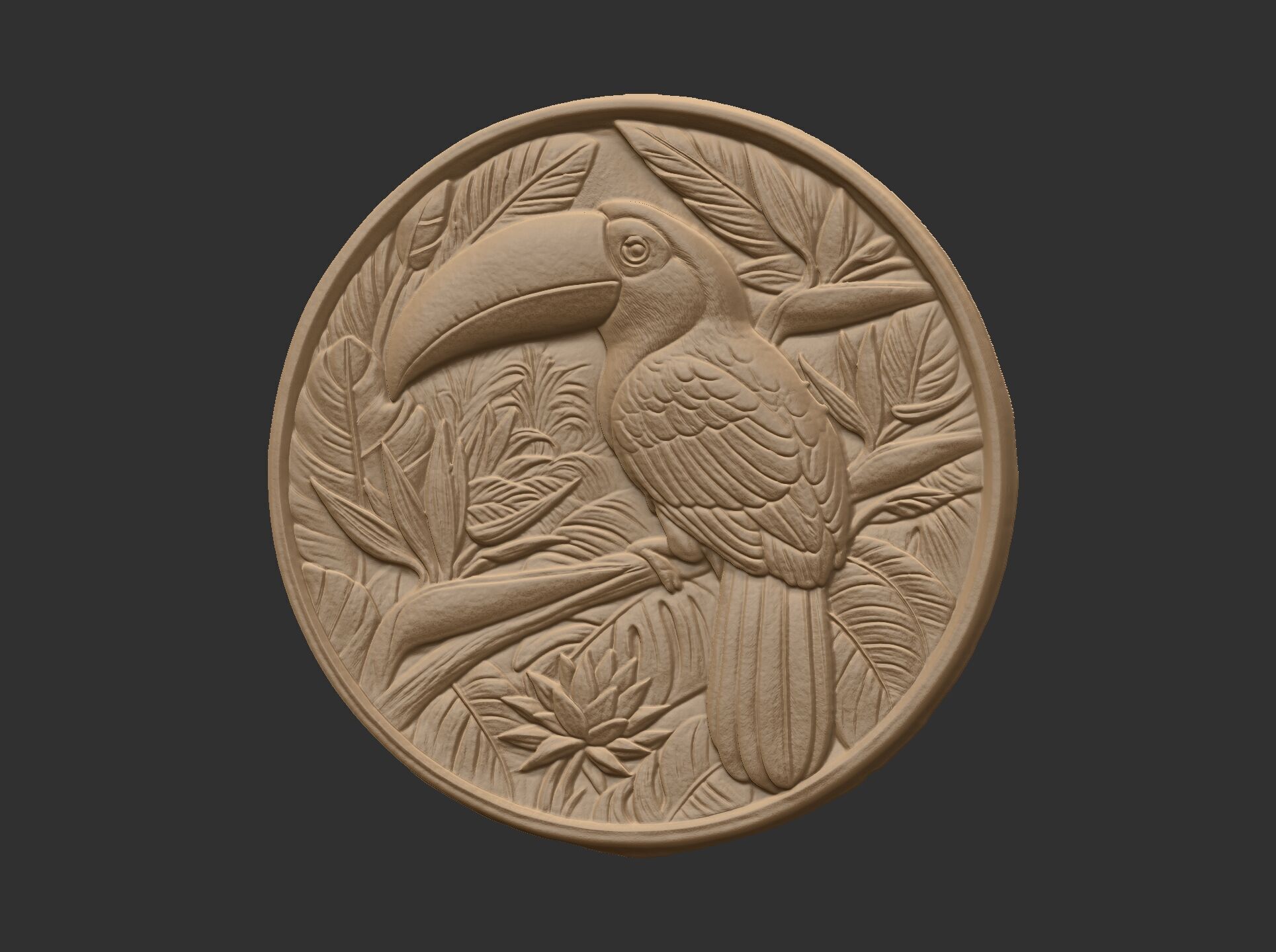 relief carving of a toucan cnc model round frame 3D print model_18