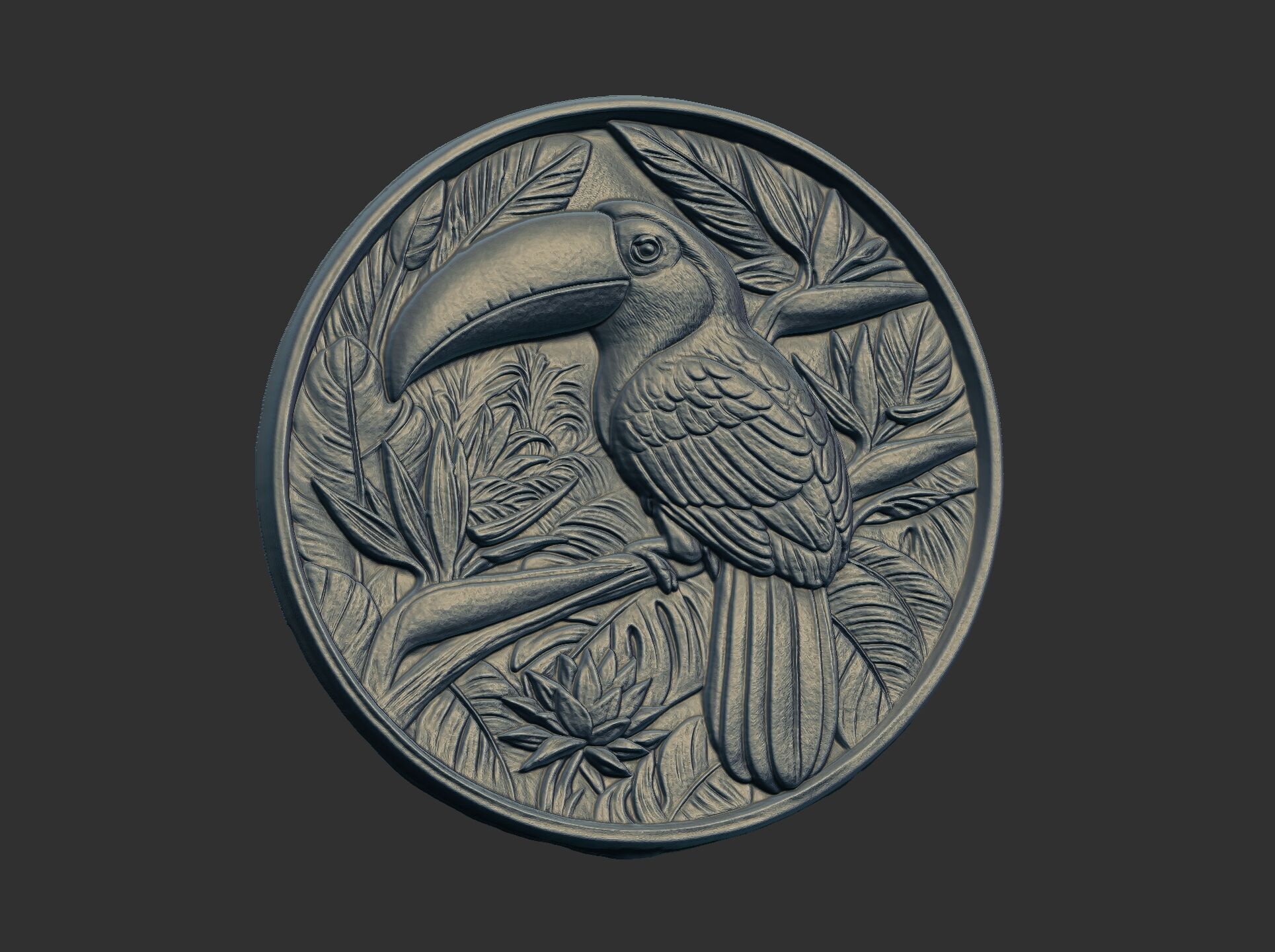 relief carving of a toucan cnc model round frame 3D print model_14