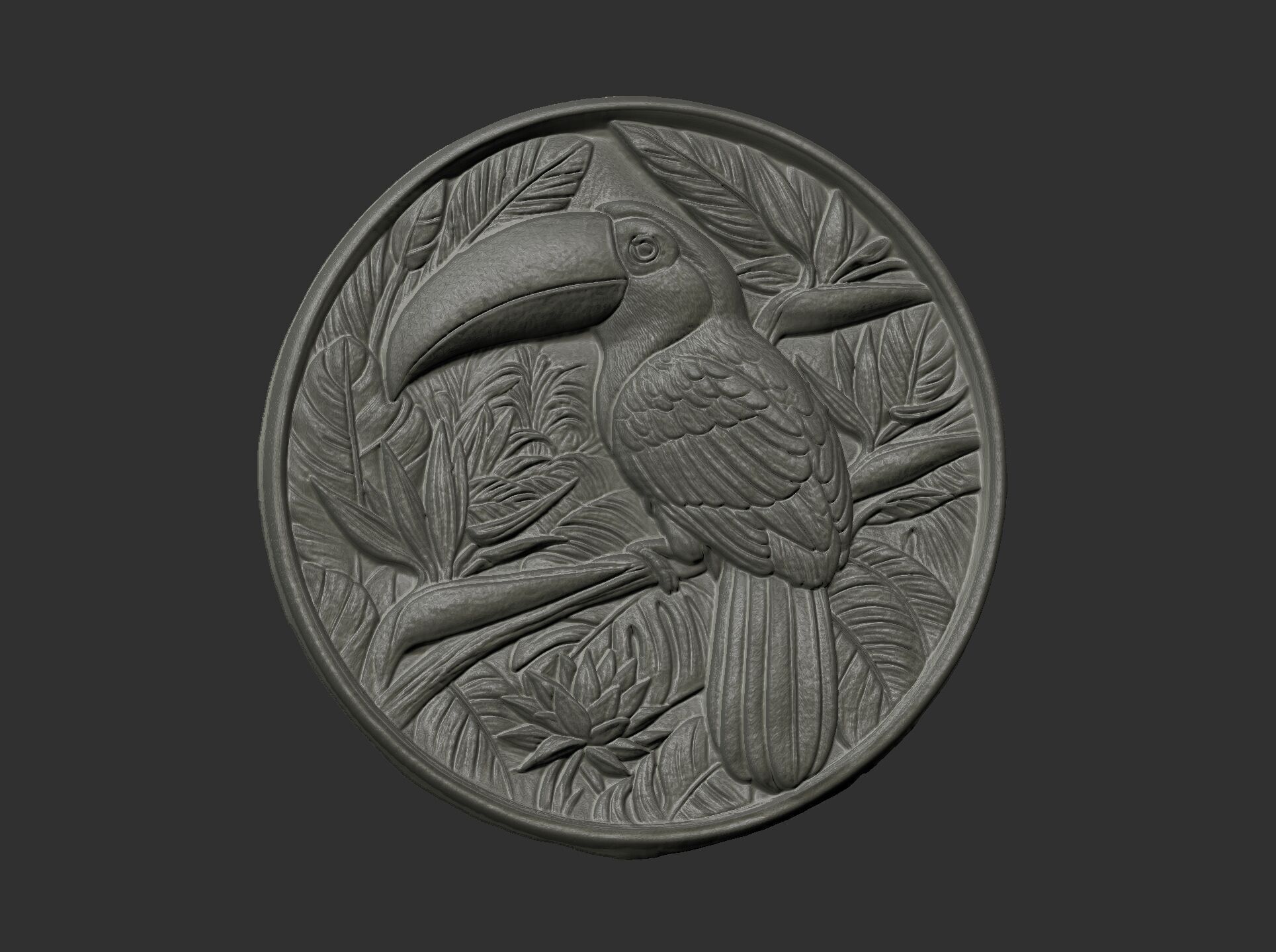 relief carving of a toucan cnc model round frame 3D print model_17