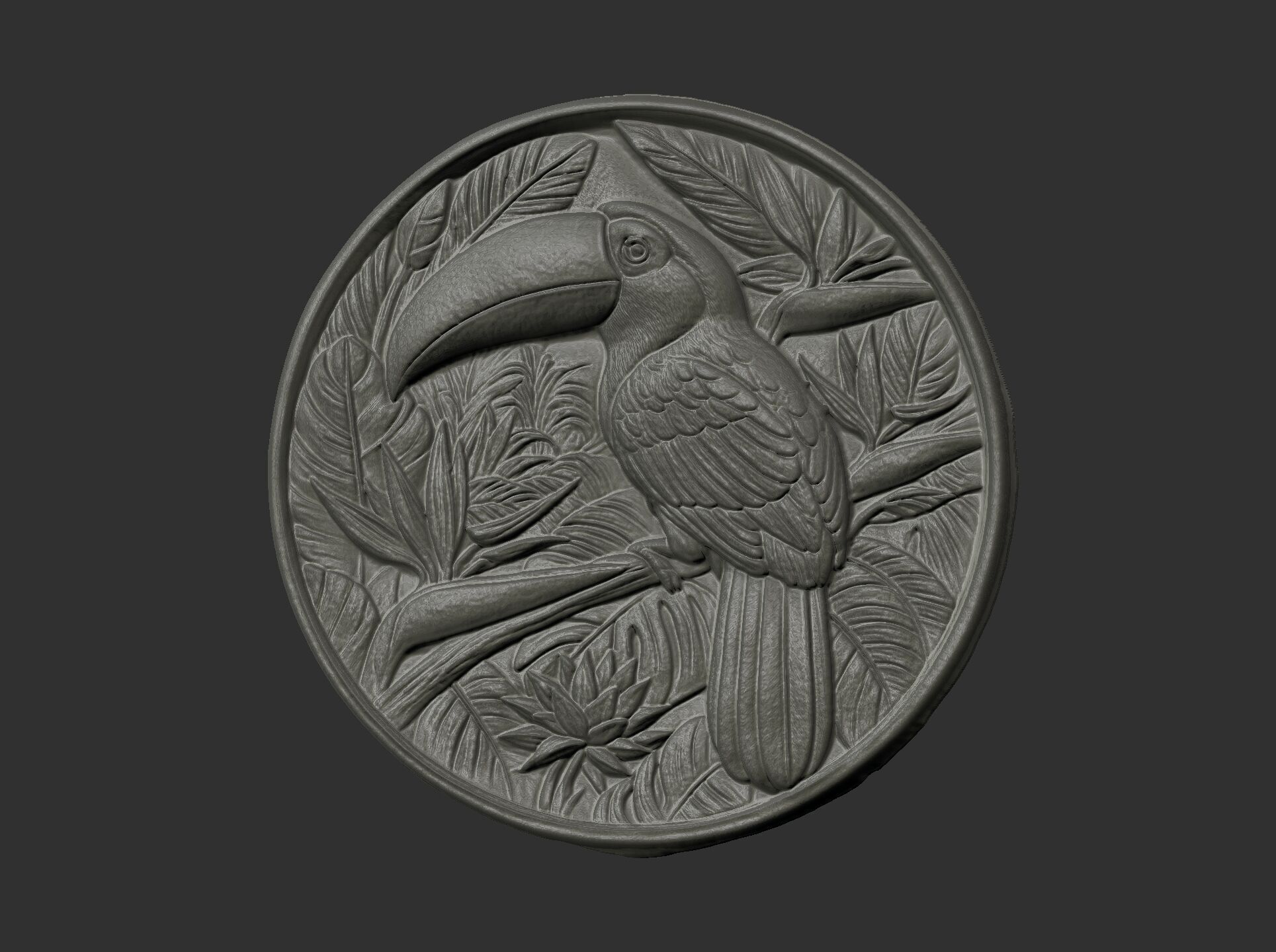 relief carving of a toucan cnc model round frame 3D print model_19