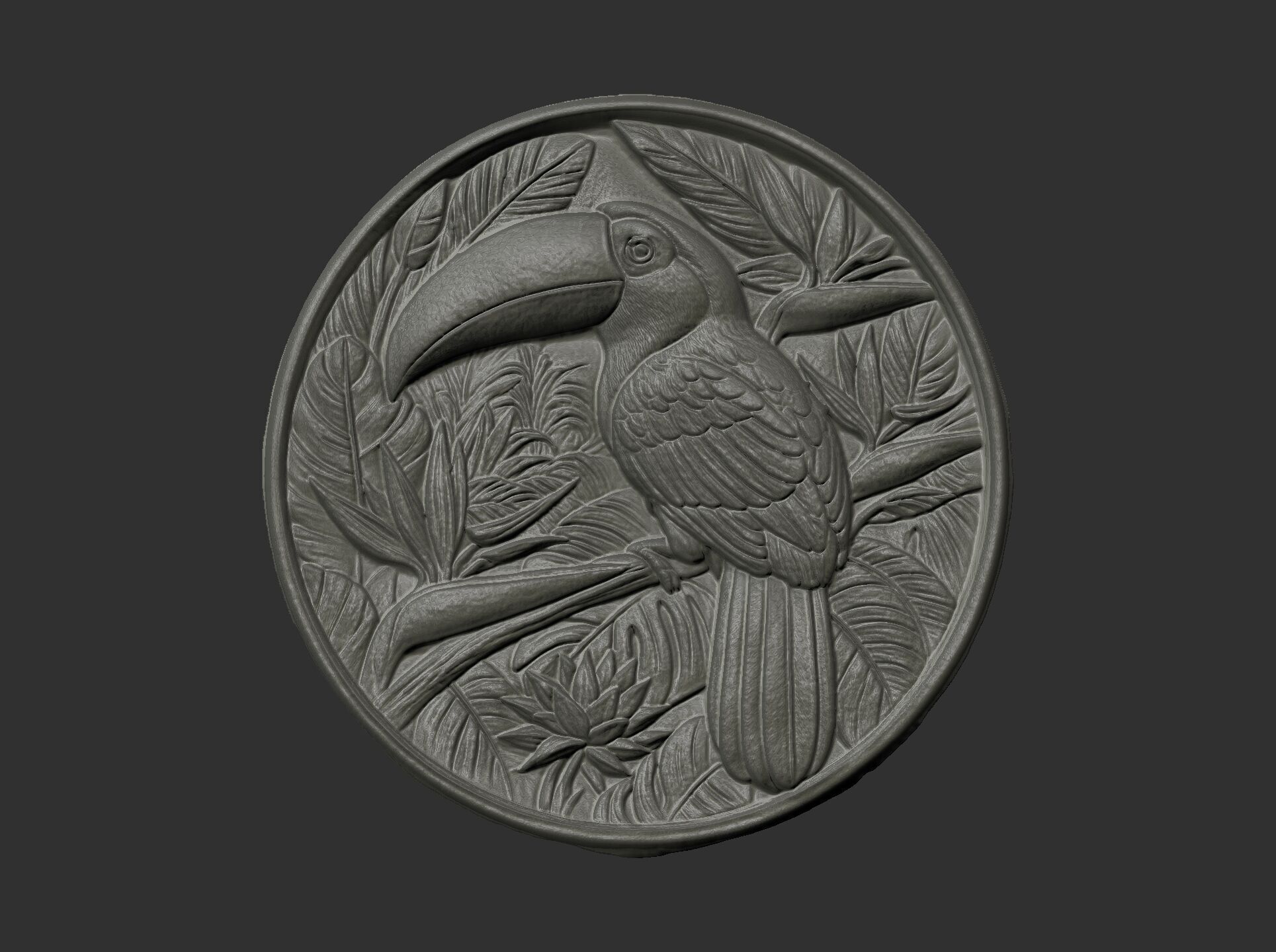 relief carving of a toucan cnc model round frame 3D print model_8
