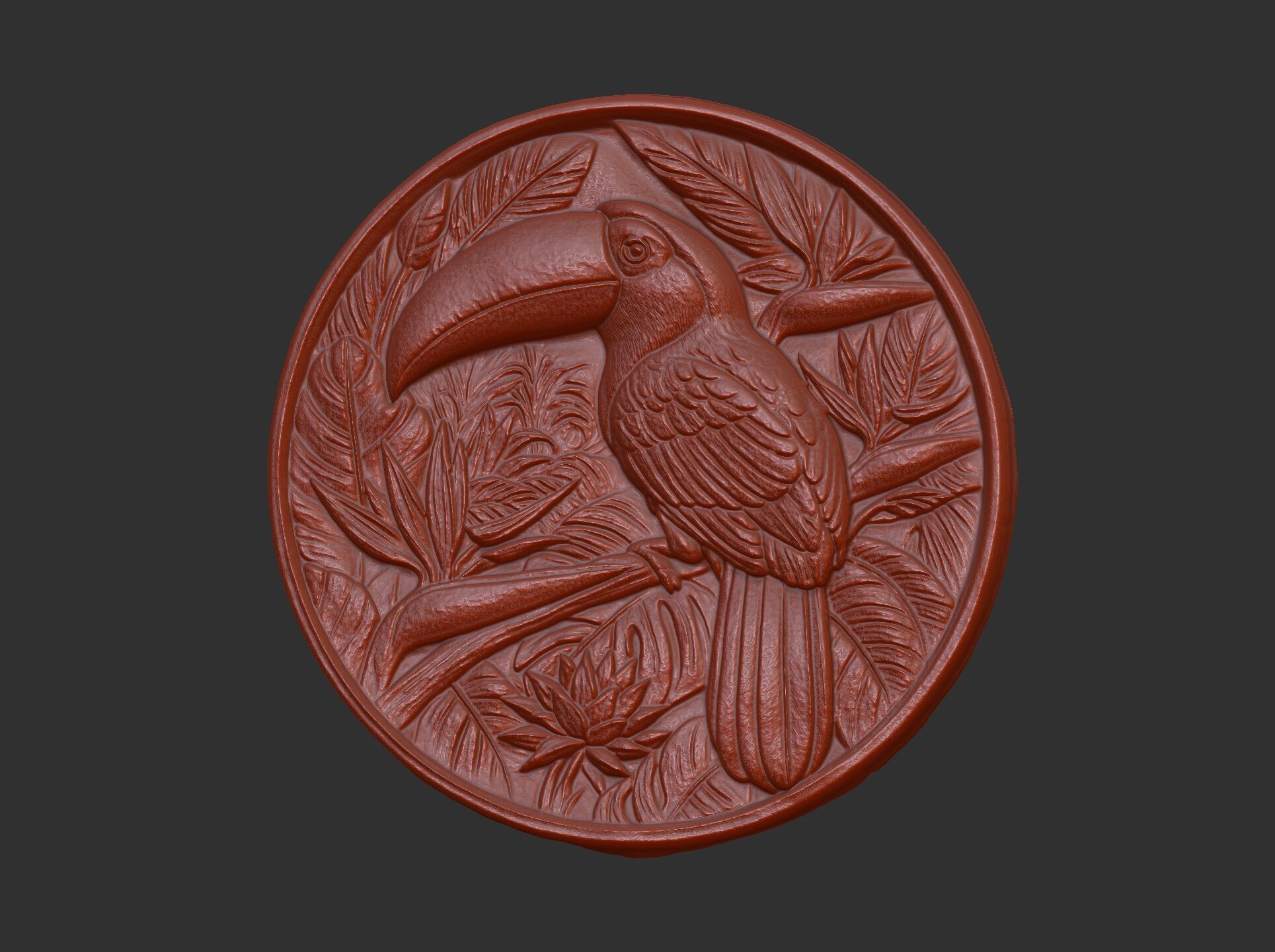 relief carving of a toucan cnc model round frame 3D print model_7