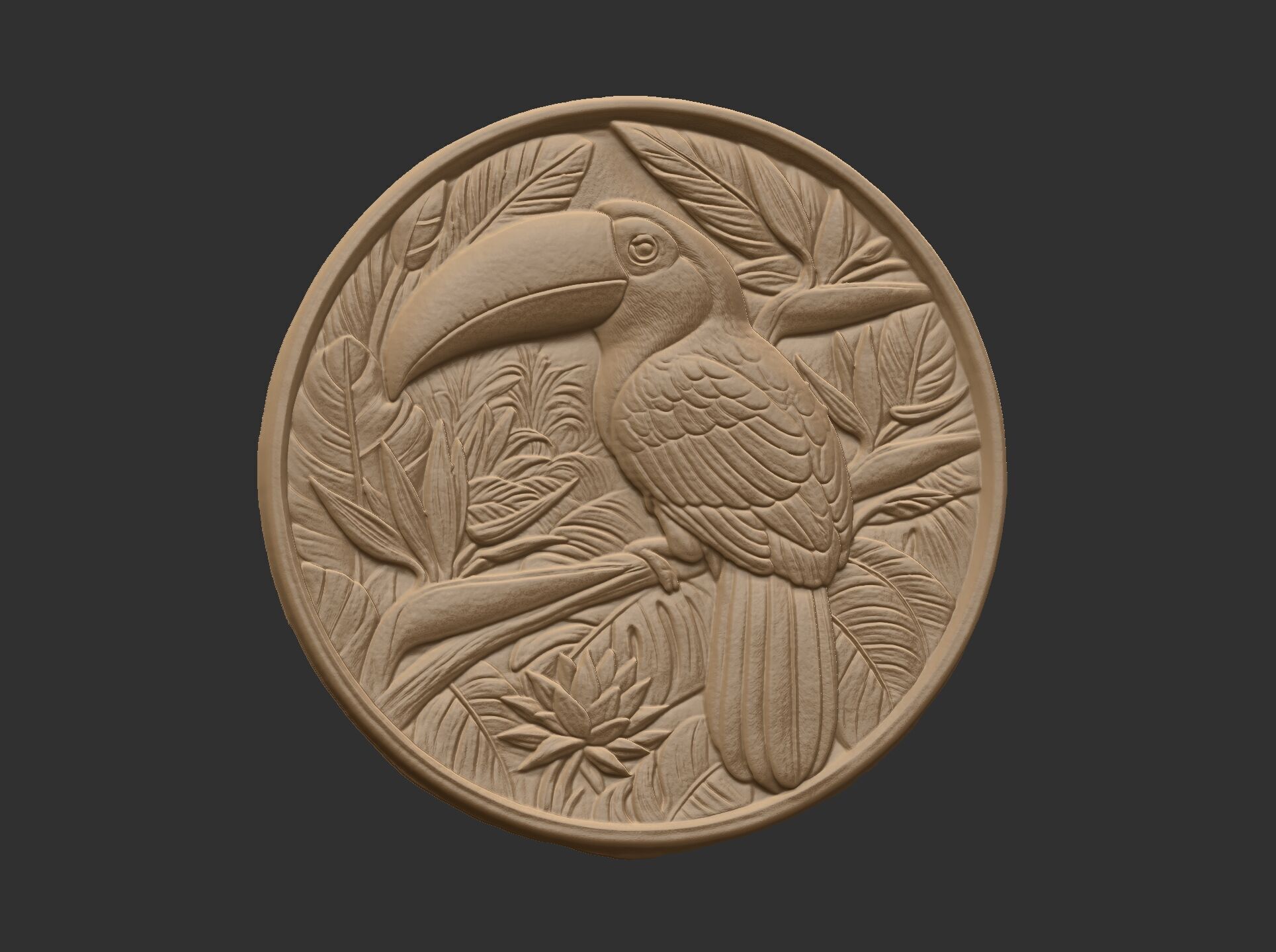 relief carving of a toucan cnc model round frame 3D print model_4