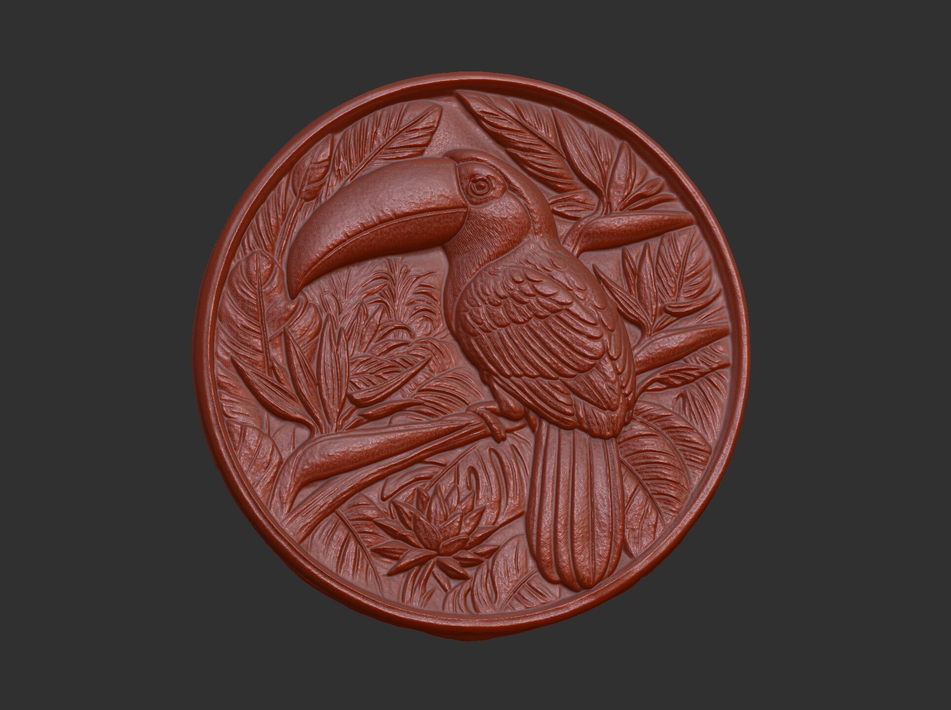 relief carving of a toucan cnc model round frame 3D print model_9