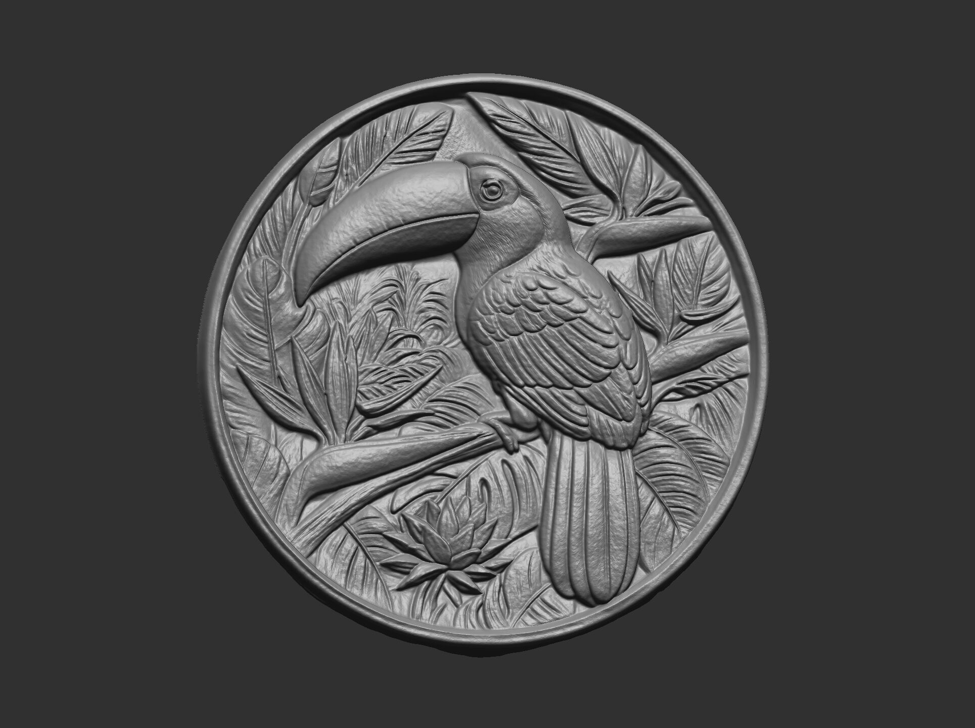 relief carving of a toucan cnc model round frame 3D print model_16