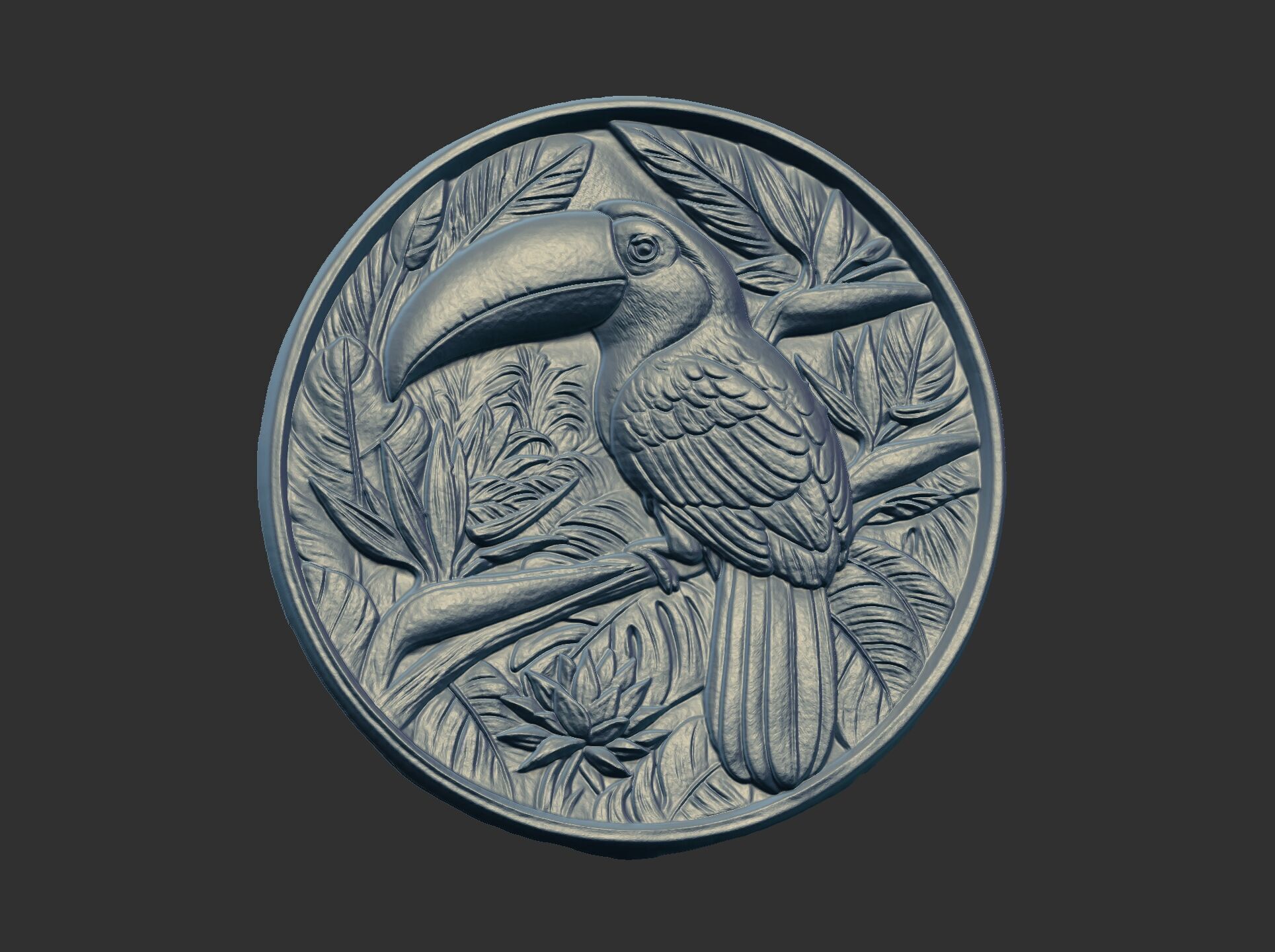 relief carving of a toucan cnc model round frame 3D print model_15