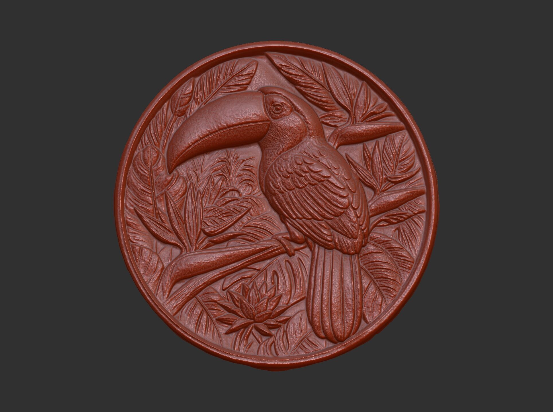 relief carving of a toucan cnc model round frame 3D print model_13
