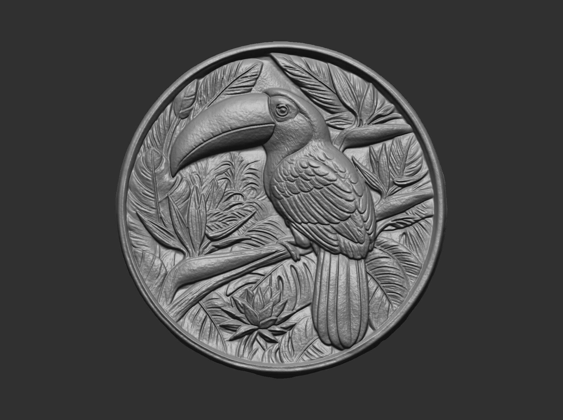 relief carving of a toucan cnc model round frame 3D print model_11