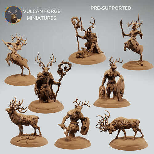 Deerfolk deer cervan warriors and druid bundle - pre supported 3D print model