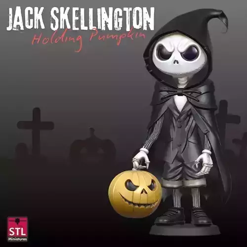 STL File Comic Style Jack Skellington Holding Pumpkin 3D print model