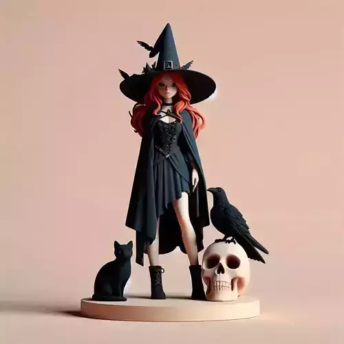 697 Red Haired Witch with Cat and Raven  Full Color
