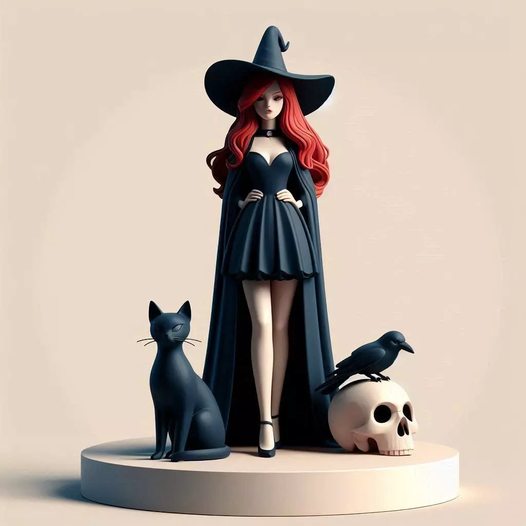698 Red Haired Witch with Cat and Raven Full Color 3D print model_0