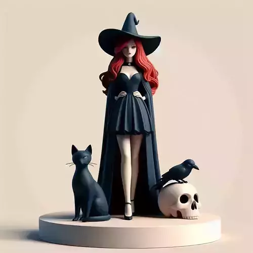 698 Red Haired  Witch with Cat and Raven  Full Color