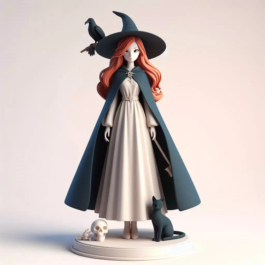 699 Red Haired Witch with Cat and Raven Full Color 3D print model_0