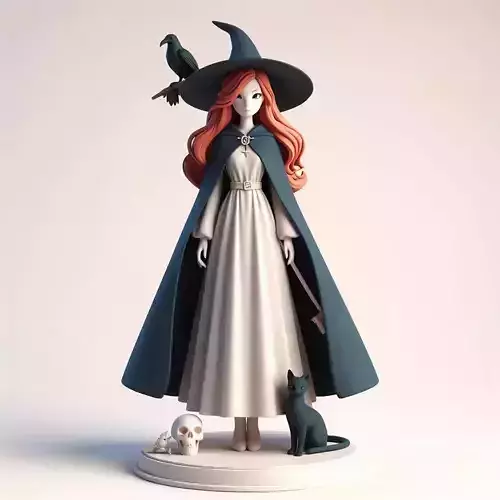 699 Red Haired  Witch  with Cat and Raven  Full Color 