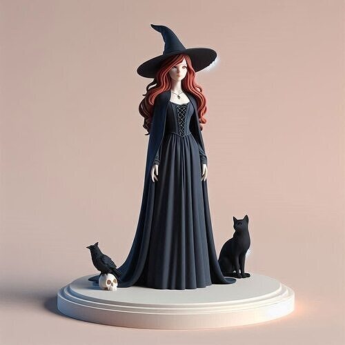 700 Red Haired  Witch  with Cat and Raven  Full Color 3D print model