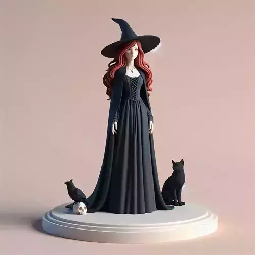 700 Red Haired  Witch  with Cat and Raven  Full Color