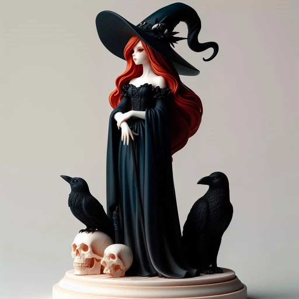 703 Red Haired Witch with Black Ravens Skull Full Color 3D print model