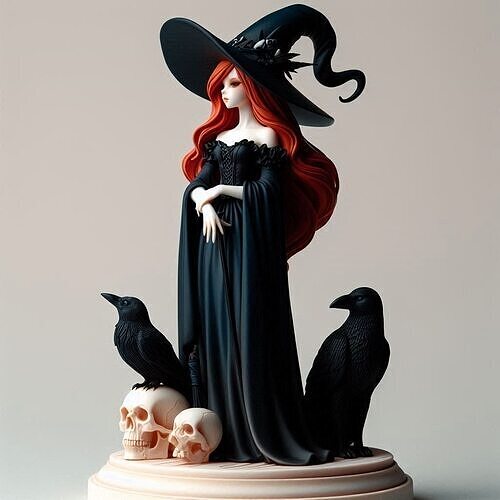 703 Red Haired Witch with Black Ravens Skull  Full Color 3D print model