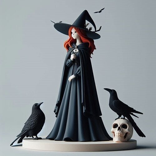 704 Red Haired Witch with Black Ravens  Skull  Full Color  3D print model