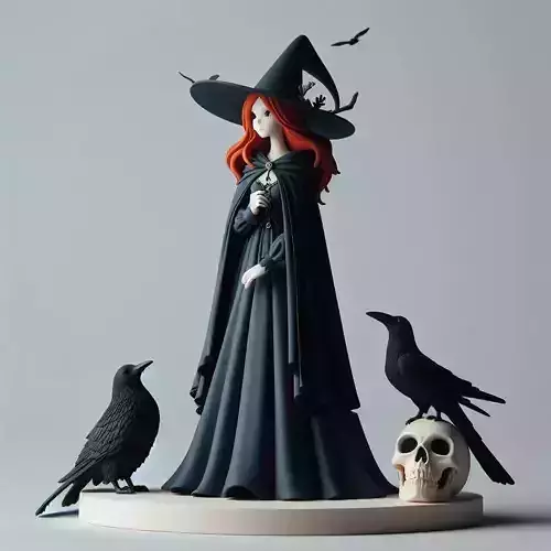 704 Red Haired Witch with Black Ravens  Skull  Full Color 