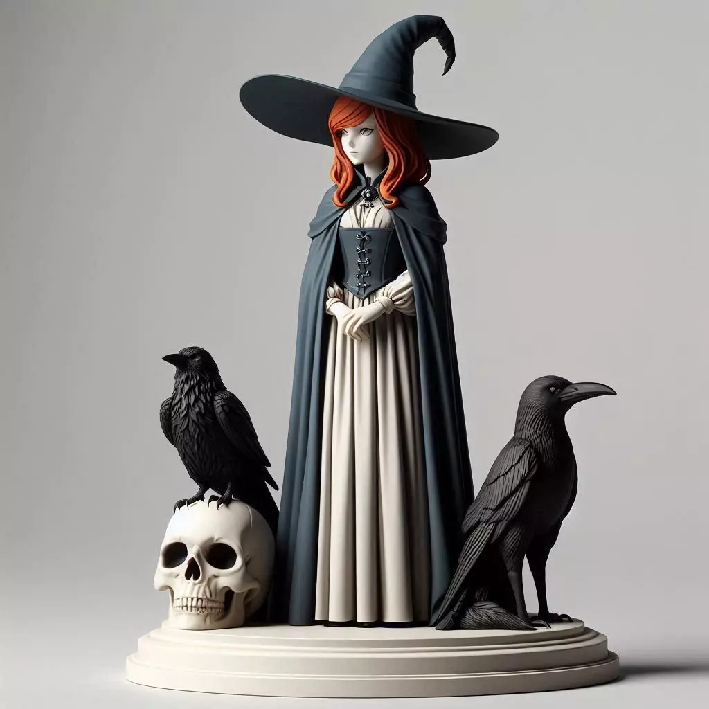 705 Red Haired Witch with Black Ravens Skull Full Color 3D print model_0