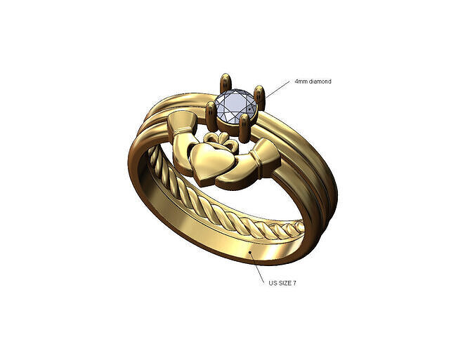 Claddagh guard 4mm solitaire inner braided double ring US size 7 3D print model